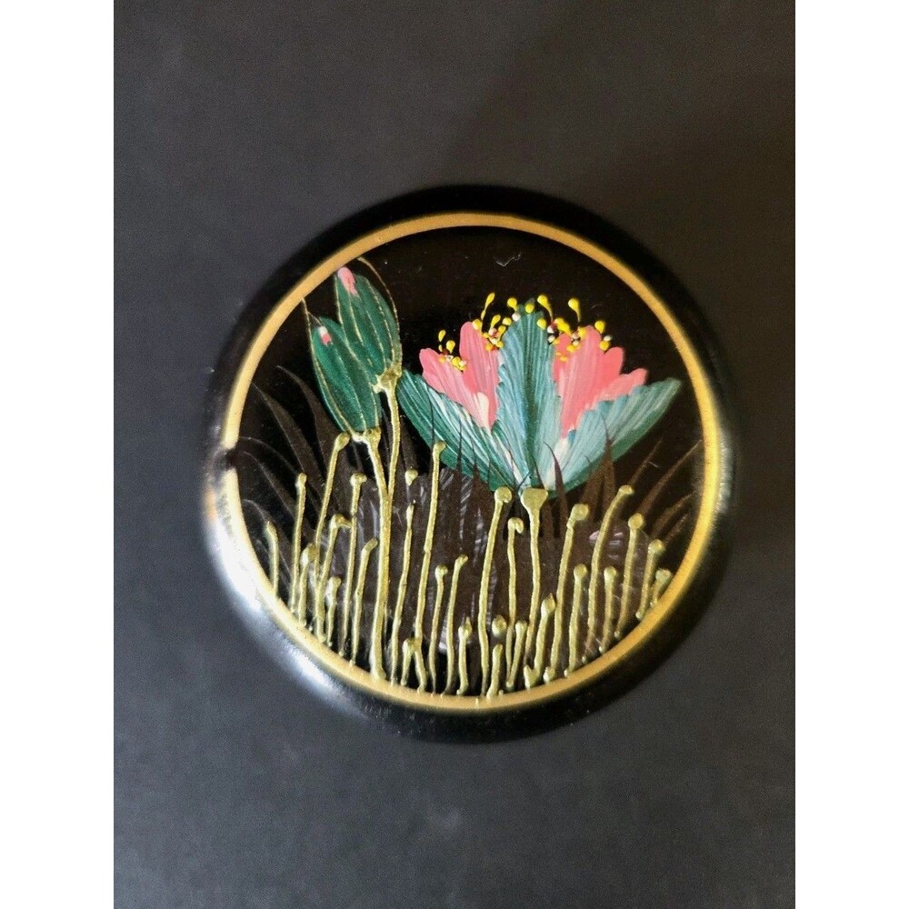 Vintage Round Black Lacquer Chinese Trinket Box Hand Painted Pink Flowers Floral